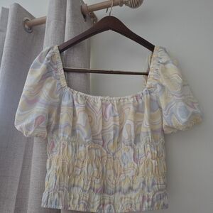 Elodie Pastel Swirl Smocked Puff Sleeve Crop Top